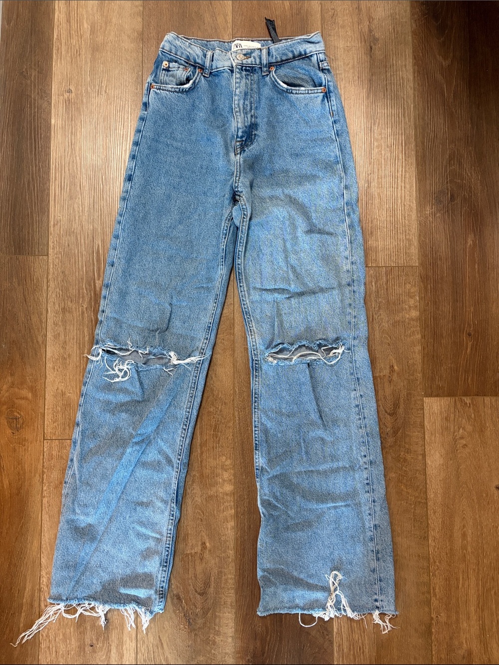 Zara Light Blue High-Rise Distressed Straight Jeans - Picture 2 of 3